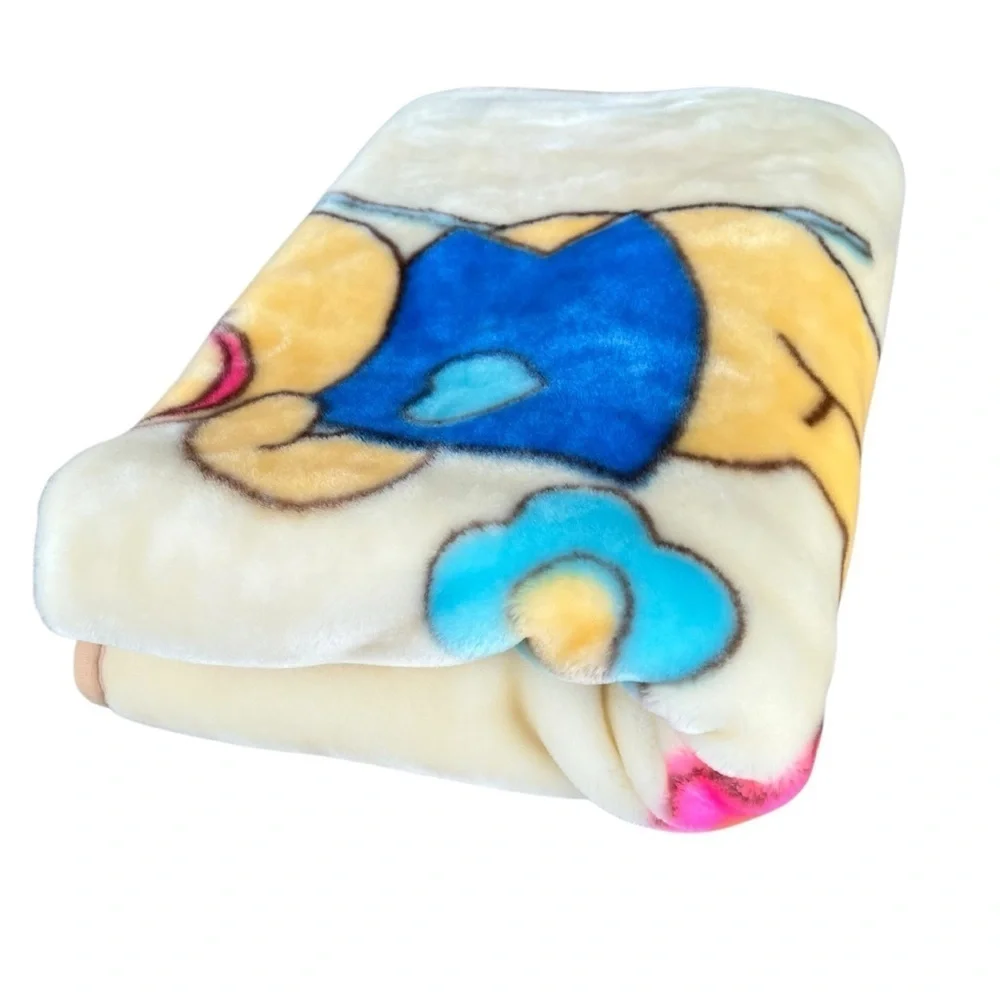 VTG Minky Kawaii Bear Butterflies Flowers Plush Blanket Colorful Soft 41x57 GUC